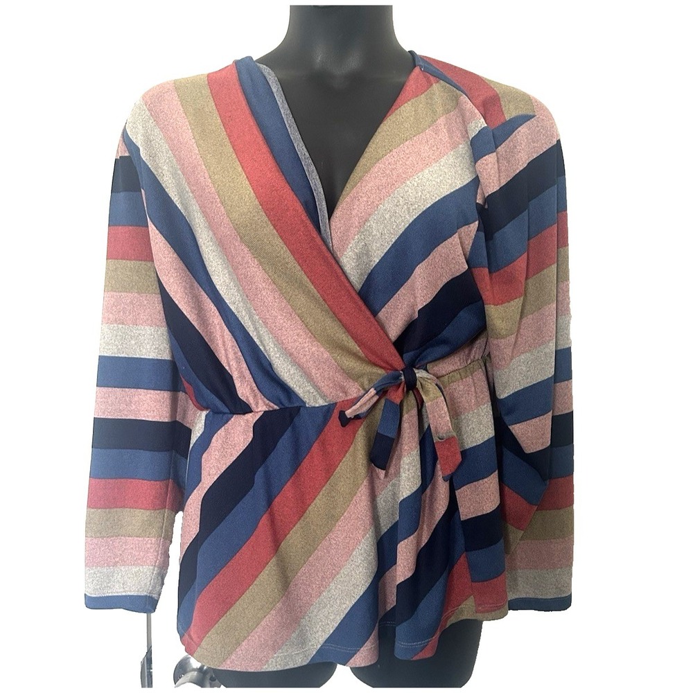 LANE BRYANT Rainbow Striped Long Sleeve Faux Tie Wrap Top Sz. 18/20